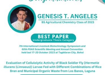 Congratulations to Mr. Angeles, Asst. Prof. Tuaño, Asst. Prof. Lagrada, Prof. Emeritus Merca, and Prof. Angeles (IC Affiliate Faculty) for winning the Best Paper (Undergraduate Thesis Category) during the 7th International Livestock Biotechnology Symposium and 60th PSAS Scientific Meeting and Annual Convention