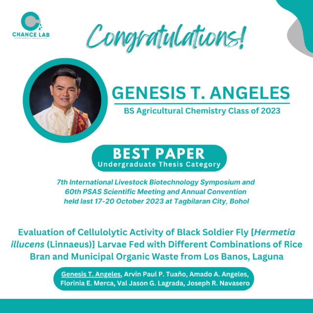 Congratulations to Mr. Angeles, Asst. Prof. Tuaño, Asst. Prof. Lagrada, Prof. Emeritus Merca, and Prof. Angeles (IC Affiliate Faculty) for winning the Best Paper (Undergraduate Thesis Category) during the 7th International Livestock Biotechnology Symposium and 60th PSAS Scientific Meeting and Annual Convention